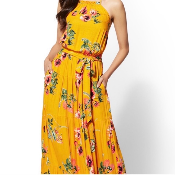 New York & Company Dresses & Skirts - New York and company Dress Halter Mustard flower print medium